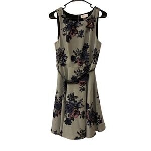 Elle Fit & Flare Dress Size 10 Gray Floral Party Sleeveless Women's Goth Belted